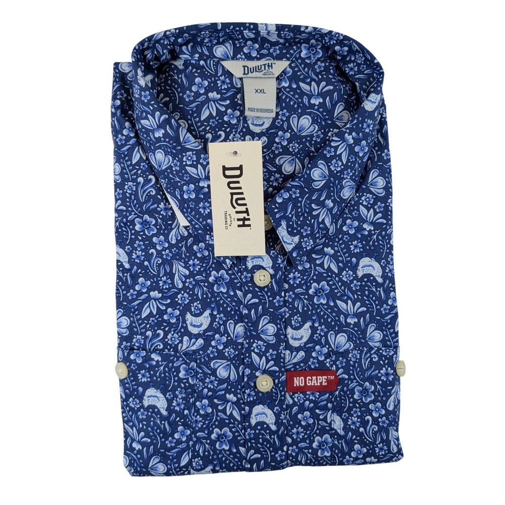 Duluth Trading Co Printmaker Cotton Poplin Shirt Blue Floral Birds 72905 XXL